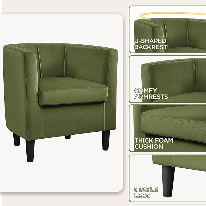 Yaheetech Velvet Accent Chair, Modern and Comfortable Armchairs, Upholstered Barrel Sofa Chair for Living Room Bedroom Waiting Room, Olive Green