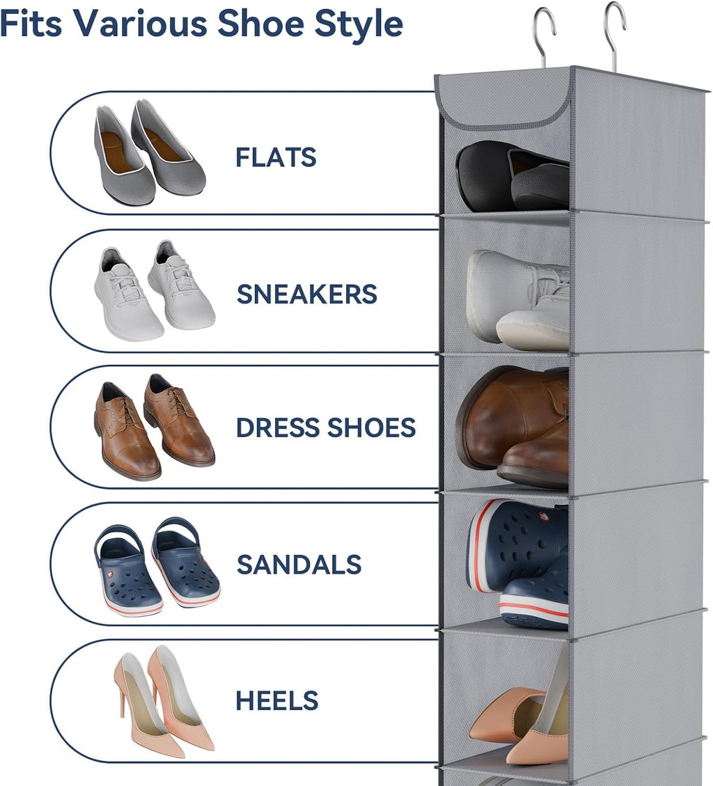 Whitmor Hanging Shoe Organizer, 8 Shelves-Hanging Closet Organizer, Hanging Shoe Rack for Small Closet, Hanging Shelves for Storage Shoes Clothes 11.5" D x 5.5" W x 41" H, Grey