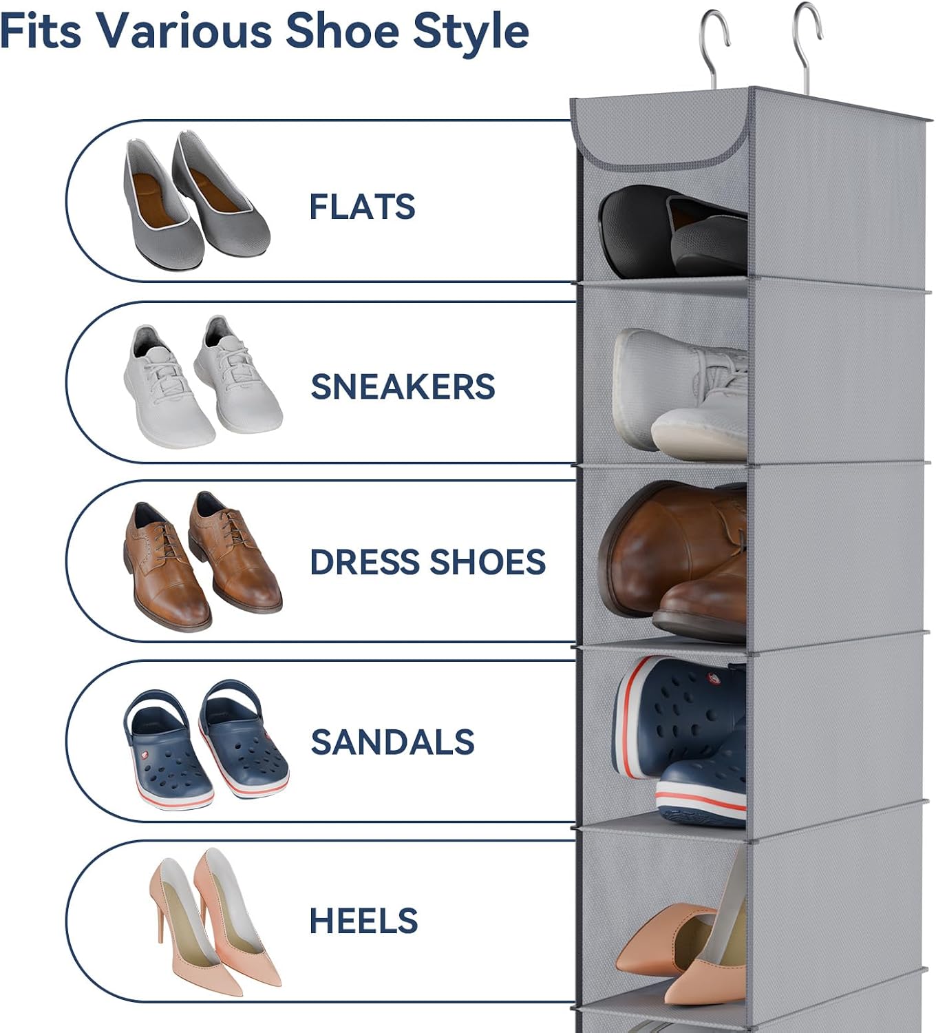 Whitmor Hanging Shoe Organizer, 8 Shelves-Hanging Closet Organizer, Hanging Shoe Rack for Small Closet, Hanging Shelves for Storage Shoes Clothes 11.5" D x 5.5" W x 41" H, Grey