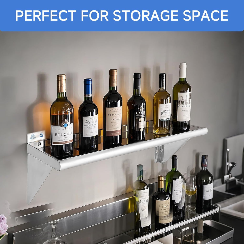 ROCKPOINT Stainless Steel Shelf 10 x 30 Inches 225lb, 2 Pack NSF Metal Commercial Shelves Wall Mount Floating Shelving with Backsplash for Restaurant, Kitchen, Home and Hotel, Silver