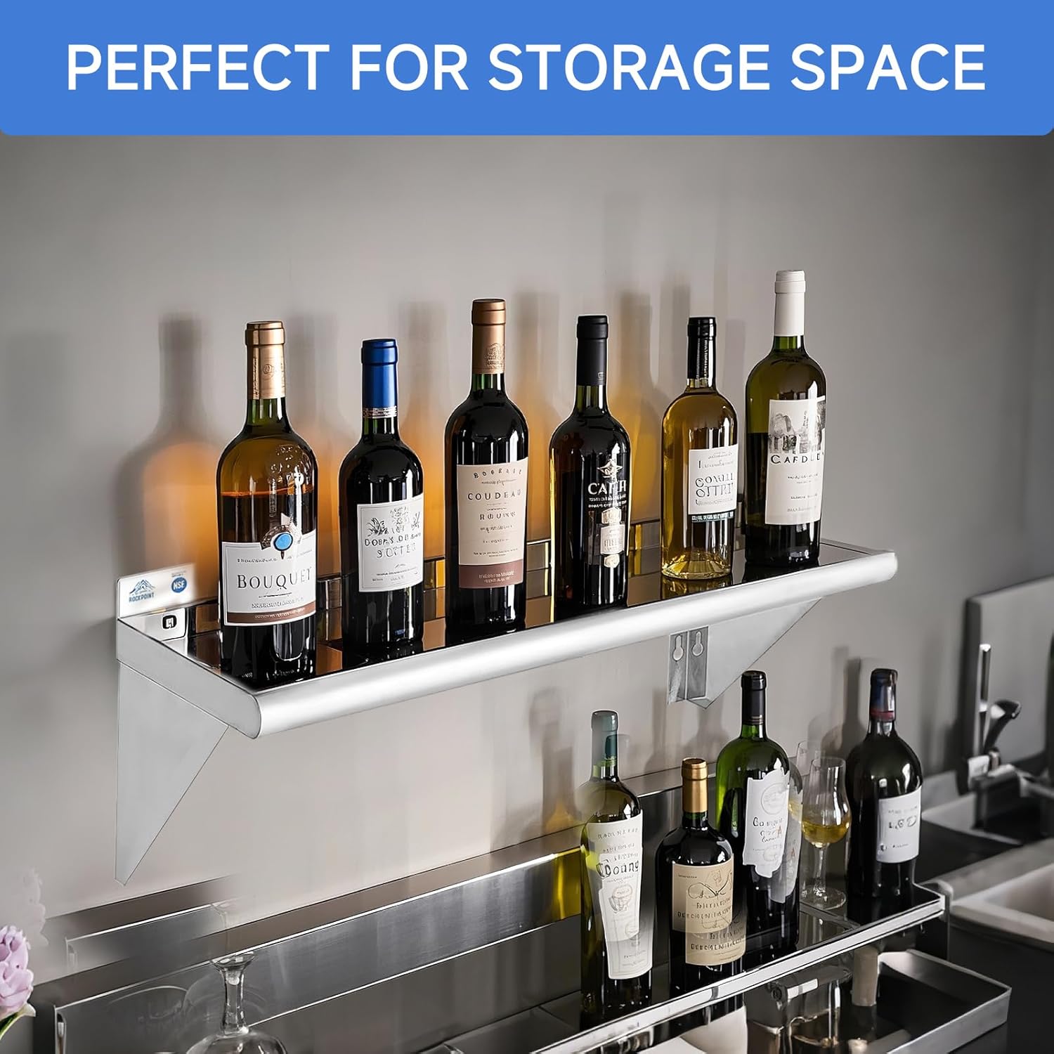 ROCKPOINT Stainless Steel Shelf 18 x 30 Inches 320lb, NSF Metal Commercial Shelves Wall Mount Floating Shelving with Backsplash for Restaurant, Kitchen, Home and Hotel, Silver