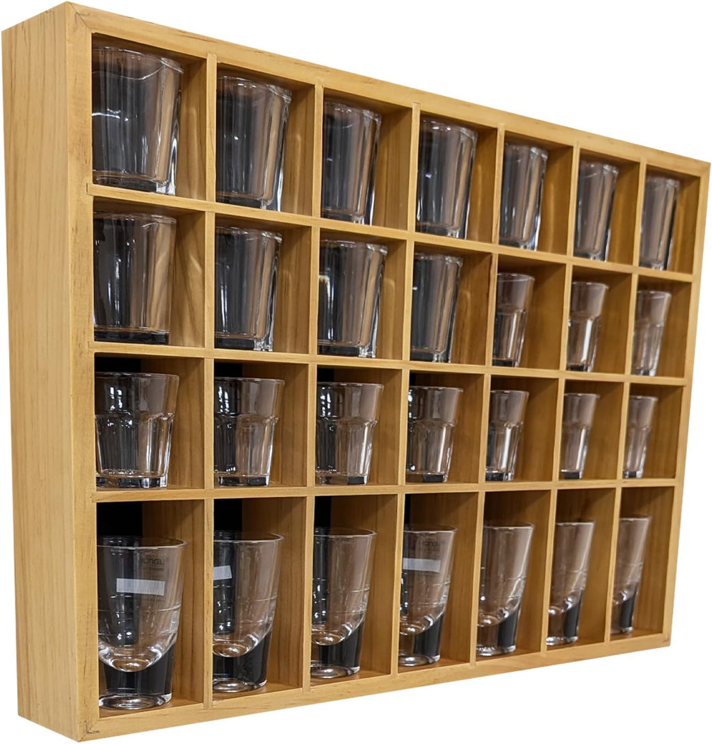 Shot Glass Display Case, Stylish Natural Varnished Glass Display Case for Display, 28 Slots Freestanding & Wall Mountable Shot Glass Holder, Perfect for Collectors - (with 1 Row for Tall Shooters)