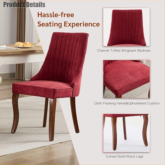 Dining Chairs Set of 4,Comfy Fabric Upholstered Accent Chairs for Kitchen Living Room,Channel Tufted Dining Room Chairs with Curved Solid Wood Legs(Wine Red)