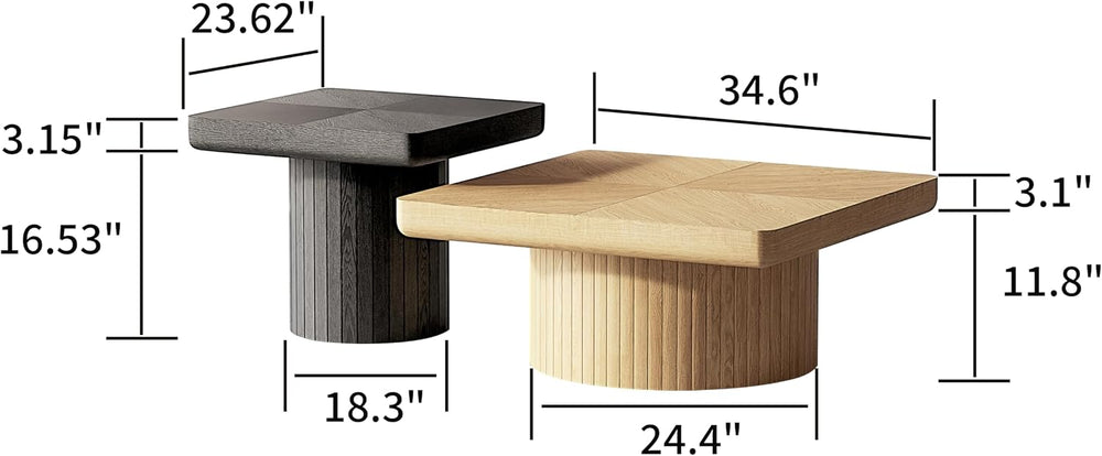 Square Parquet Nesting Coffee Tables Set of 2, Geometric Veneer Base Wood | W...