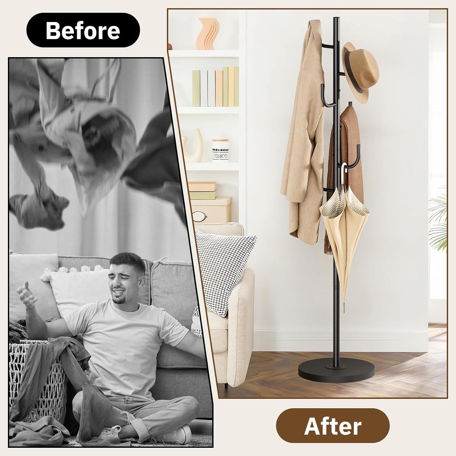 MISSLO Heavy Duty Coat Rack Freestanding with Stable Wood Base Metal Coat Tree Adjustable Coats Hanger Stand with 6 Hooks Clothes Tree for Jackets, Hats, Bags Standing Purse Rack for Bedroom, Office