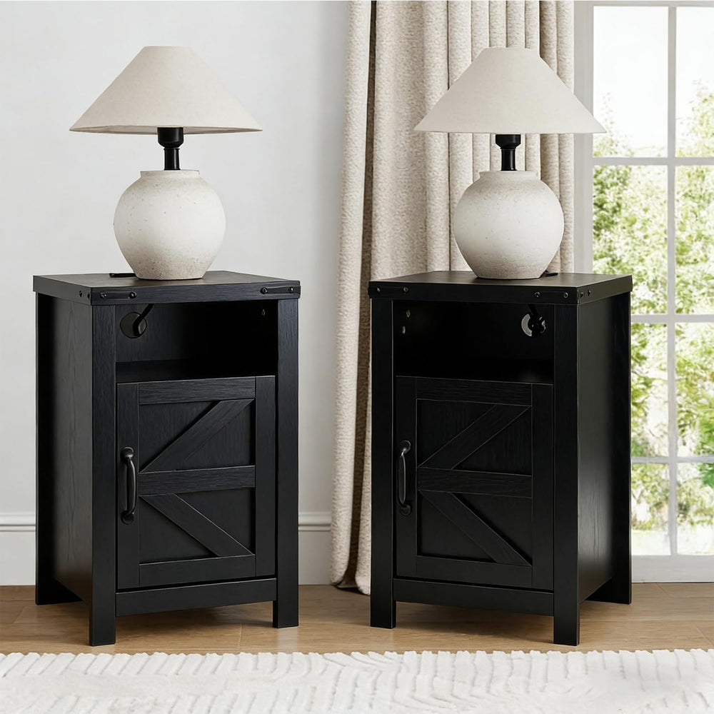 Farmhouse Nightstand Set of 2 with Charging Station, Modern Bedside Table wit...