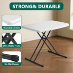 30 Inch Folding Table, Adjustable Height TV Tray for Small Spaces, Heavy Duty Foldable Utility Table for Laptop, Dining, Camping, No Assembly, 200 lbs Capacity, White Granite