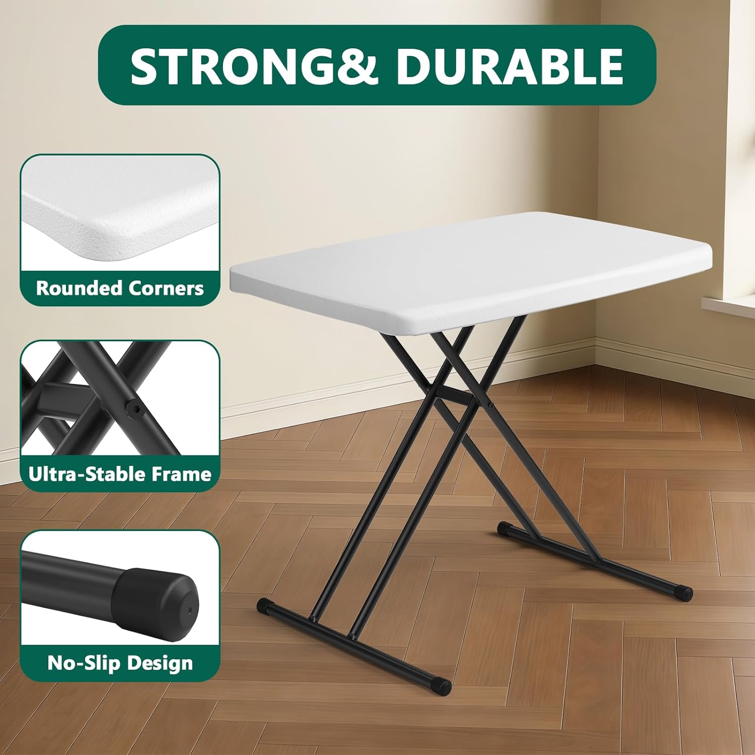 30 Inch Folding Table, Adjustable Height TV Tray for Small Spaces, Heavy Duty Foldable Utility Table for Laptop, Dining, Camping, No Assembly, 200 lbs Capacity, White Granite