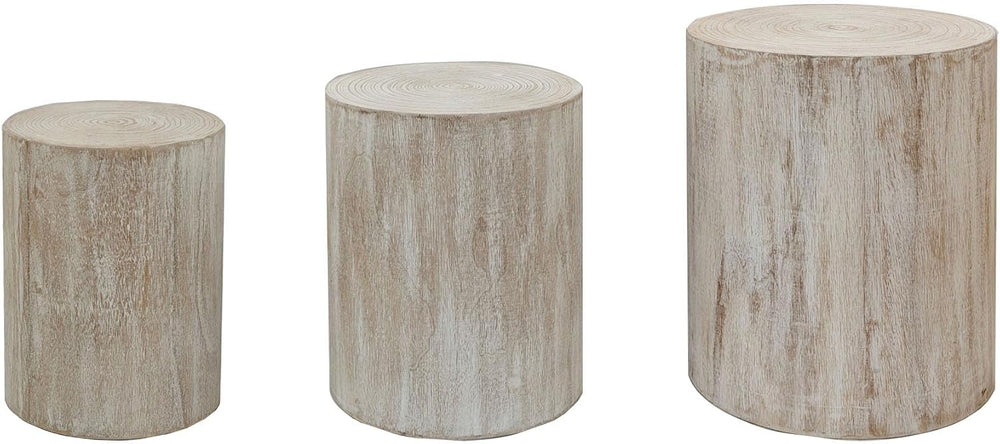 VELOVE Wood Stump Side Tables, Set of 3, White wash Finish