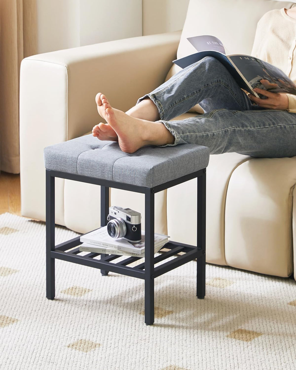 IBUYKE Rectangular Makeup Stool with Adjustable Feet and Storage Space, Footr...
