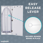 Ivation Wall-Mounted Ironing Board Cabinet, Foldable Ironing Storage Station for Home, Apartment , Easy-Release Lever, Garment Hooks, White