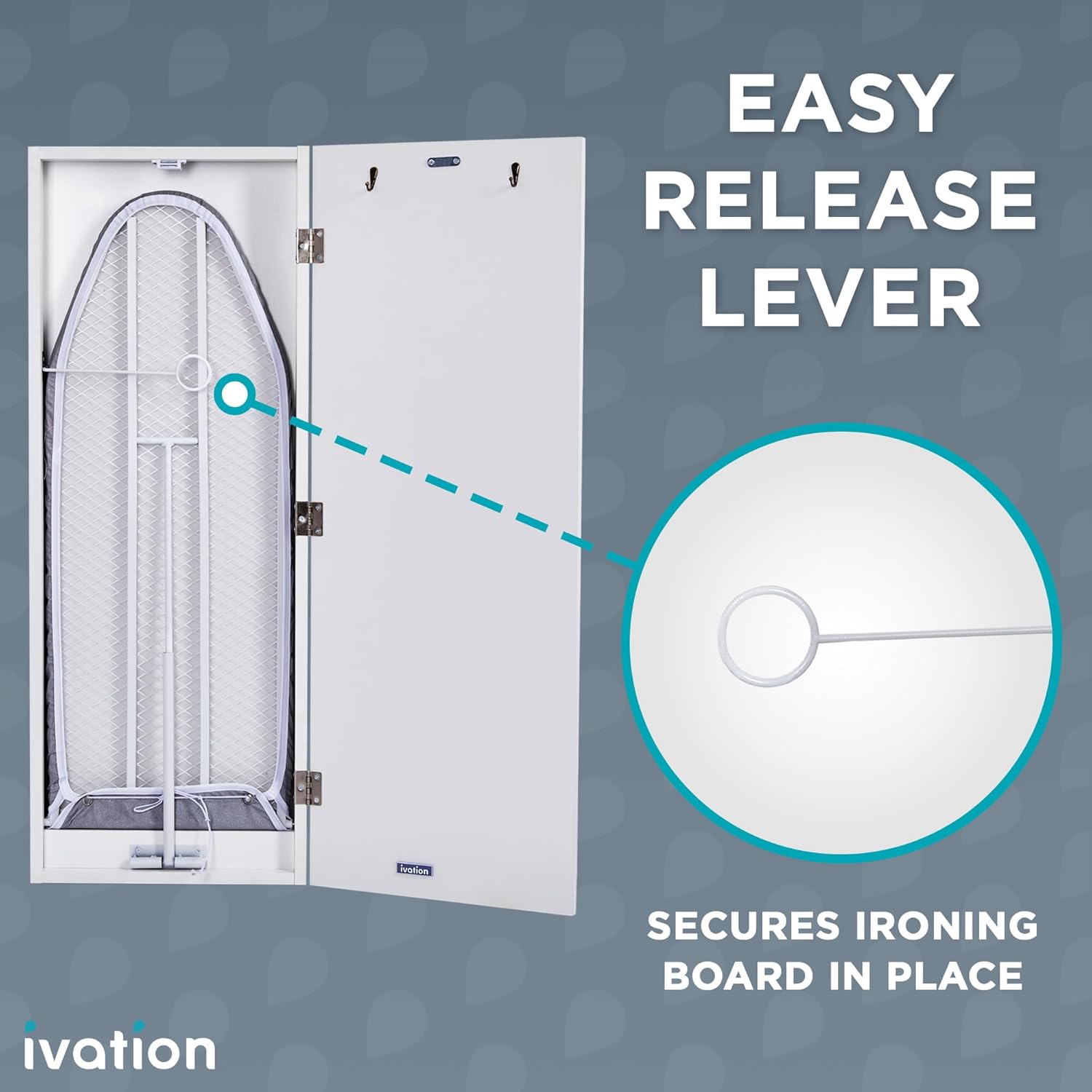 Ivation Wall-Mounted Ironing Board Cabinet, Foldable Ironing Storage Station for Home, Apartment , Easy-Release Lever, Garment Hooks, White