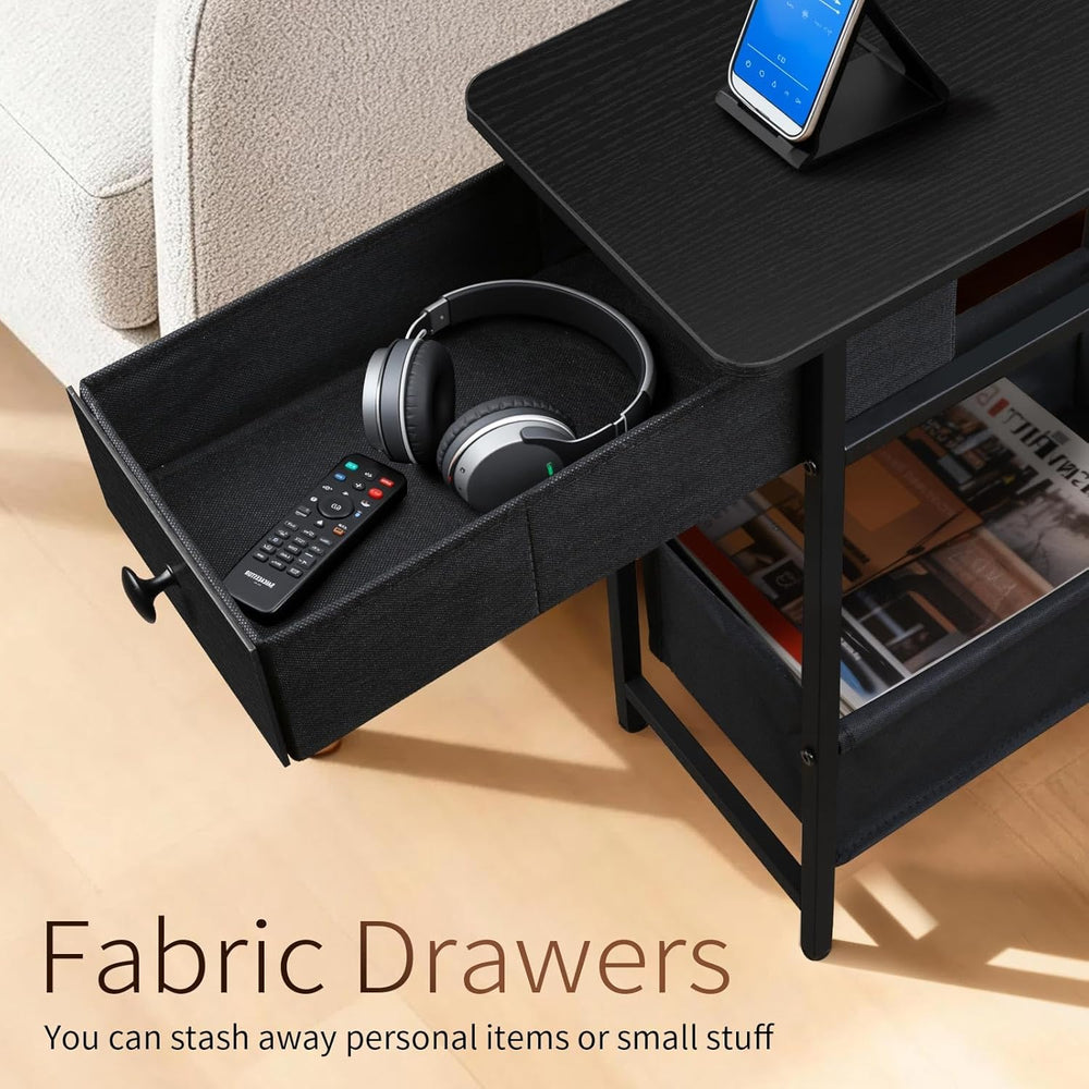Long Narrow Side Tables Set of 2 with Charging Station, Slim Nightstand with ...