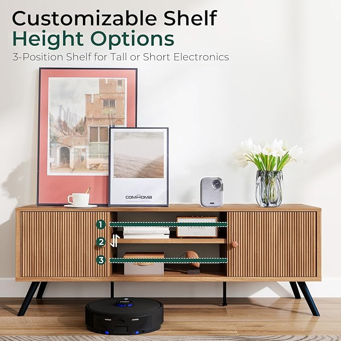 COMHOMA TV Stand for Living Room, Mid Century Modern Entertainment Center for 55/60/65 Inch TVs, Retro Brown TV Console with Fluted Door Cabinets and Open Adjustable Shelve Storage for Bedroom (53In)
