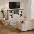 Beige Farmhouse TV Stand with Storage Cabinets and Glass Doors, Entertainment Center for 75 Inch TV, Media Console Side Storage Cabinets for Living Room
