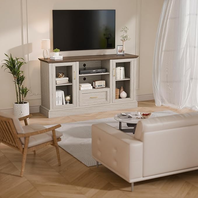 Beige Farmhouse TV Stand with Storage Cabinets and Glass Doors, Entertainment Center for 75 Inch TV, Media Console Side Storage Cabinets for Living Room