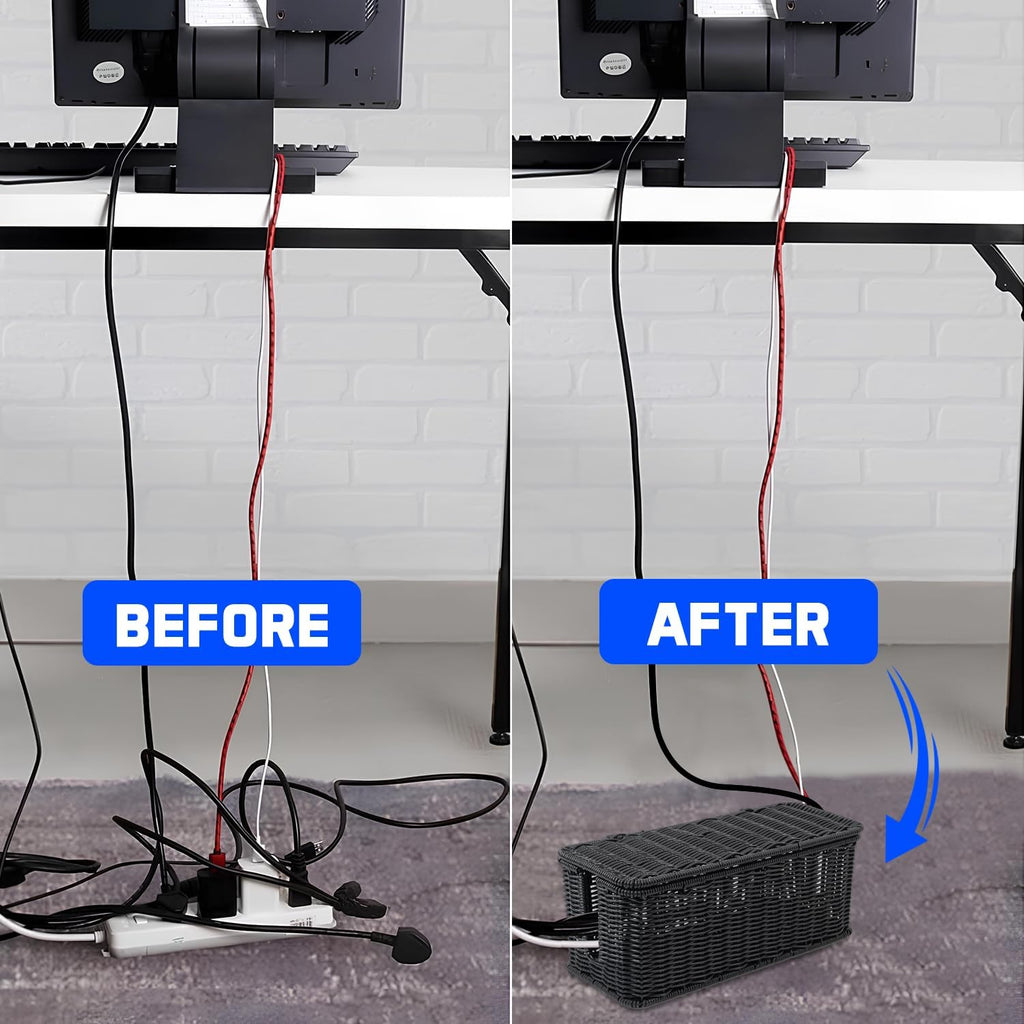 Cable Management Box, Handmade Rattan Cable Organizer, 2 Open Slots Cords Hider Box, Under Desk Cord Organizer for Computer Router USB Hub & Power Strip, Patent Pending, 13" x 5.1" x 5.1", Black