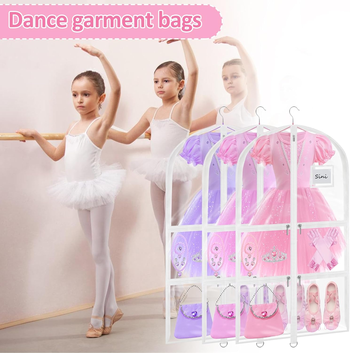 Garment Bags for Dance Costumes - 40 Inch Clear PVC with 5 Zipper Pockets (3 Pack, White) - Kids Dance Garment Bag for Dancers, Hanging Clothes Storage, Competitions & Travel (‎Clear White)