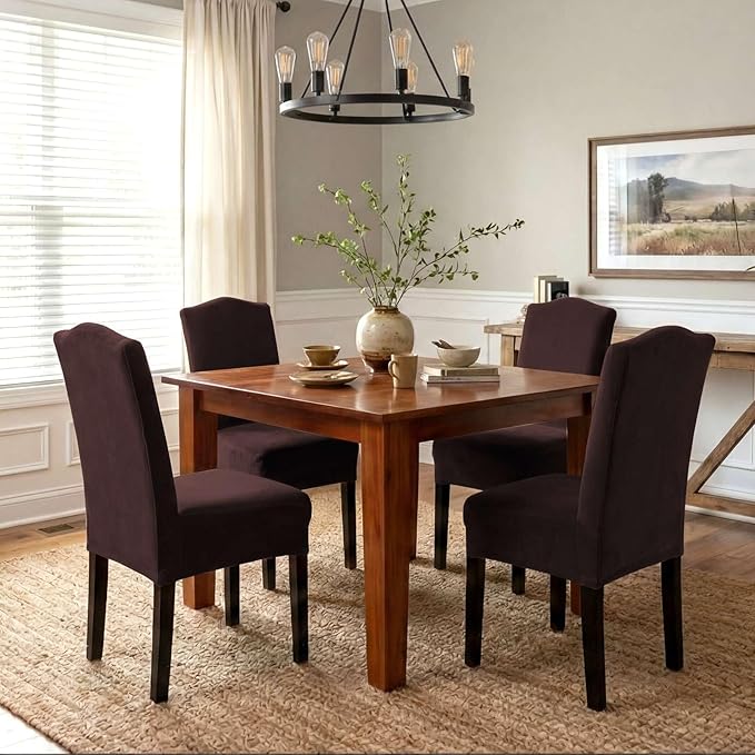 H.VERSAILTEX Velvet Dining Chair Covers Stretch Chair Covers for Dining Room Set of 4 Parson Chair Slipcovers Chair Protectors Covers Dining, Soft Thick Solid Velvet Fabric Washable, Brown