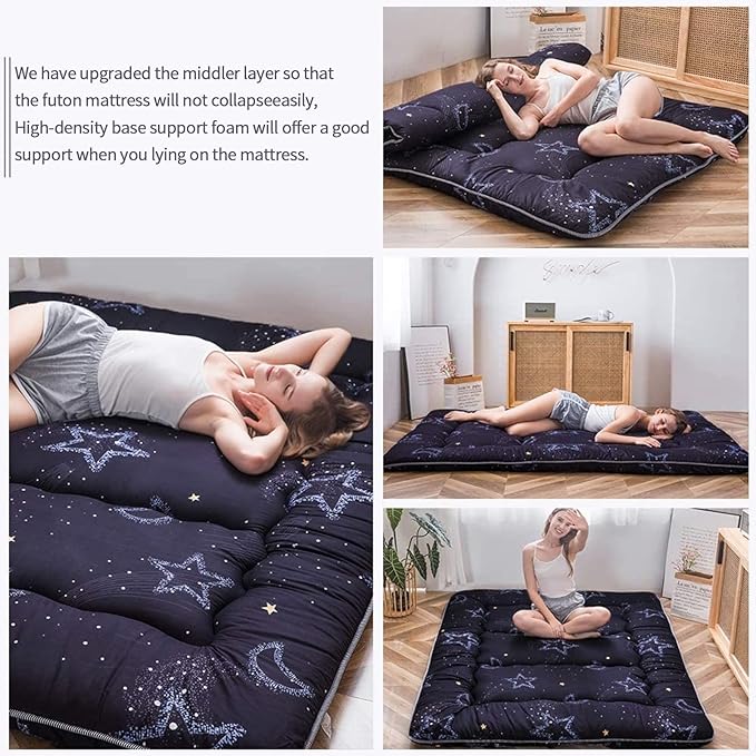MAXYOYO Japanese Floor Mattress Futon Mattress, 4" Thicken Tatami Mat Sleeping Pad Foldable Roll Up Mat Boys Girls Dormitory Pad Kids Floor Lounger Pillow Bed, Charcoal Grey, Queen Size
