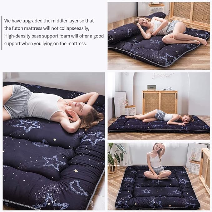 MAXYOYO Japanese Floor Mattress Futon Mattress, 4" Thicken Tatami Mat Sleeping Pad Foldable Roll Up Mat Boys Girls Dormitory Pad Kids Floor Lounger Pillow Bed, Charcoal Grey, Queen Size