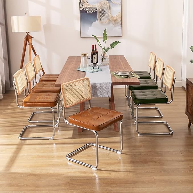 Zesthouse Natural Rattan Dining Chairs Set of 4, Modern Dining Room Chairs with Solid Wood Back for Kitchen Living Room, Mid Century Breuer Design Inspired, Upholstered Faux Leather Brown