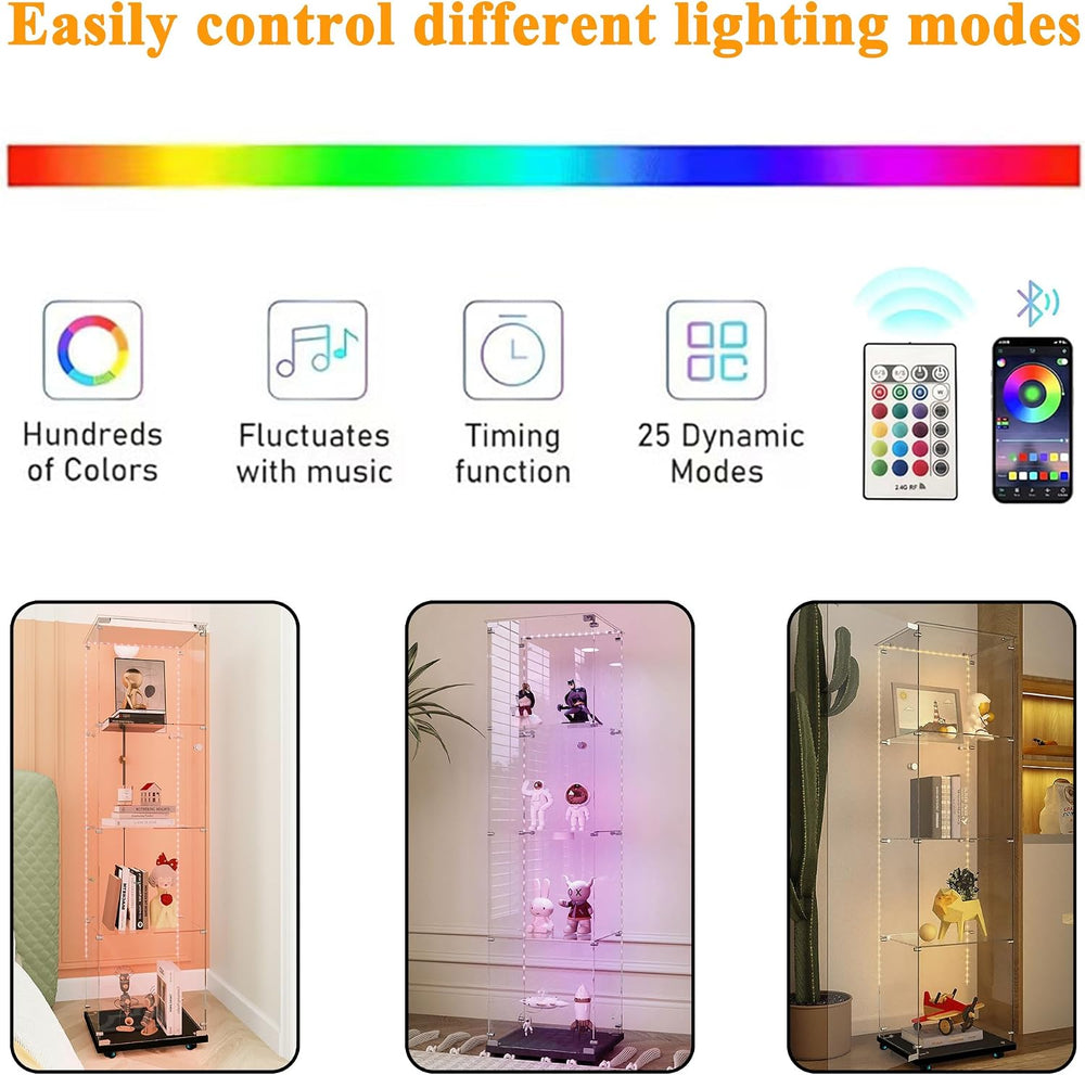 4-Shelf Glass Display Cabinet with LED Lights Strip and Lock, Curio Cabinets ...
