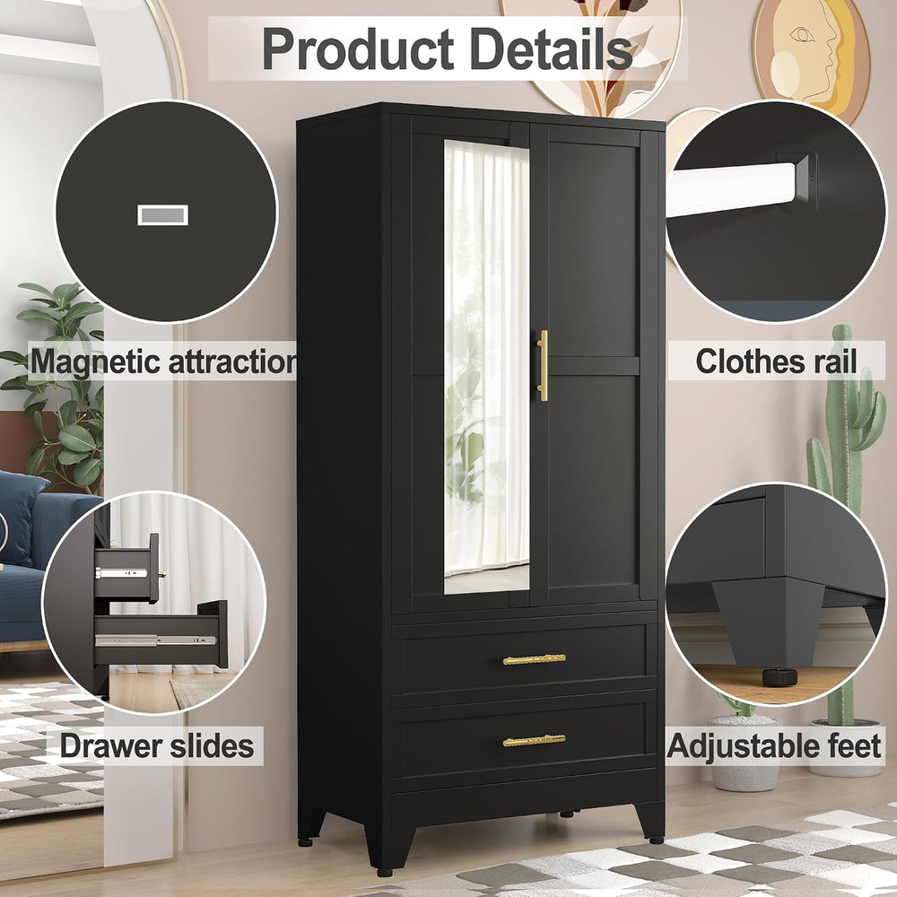 RIETERN Metal Armoire Wardrobe Closet, 71" Tall Bedroom Closet with Mirr...