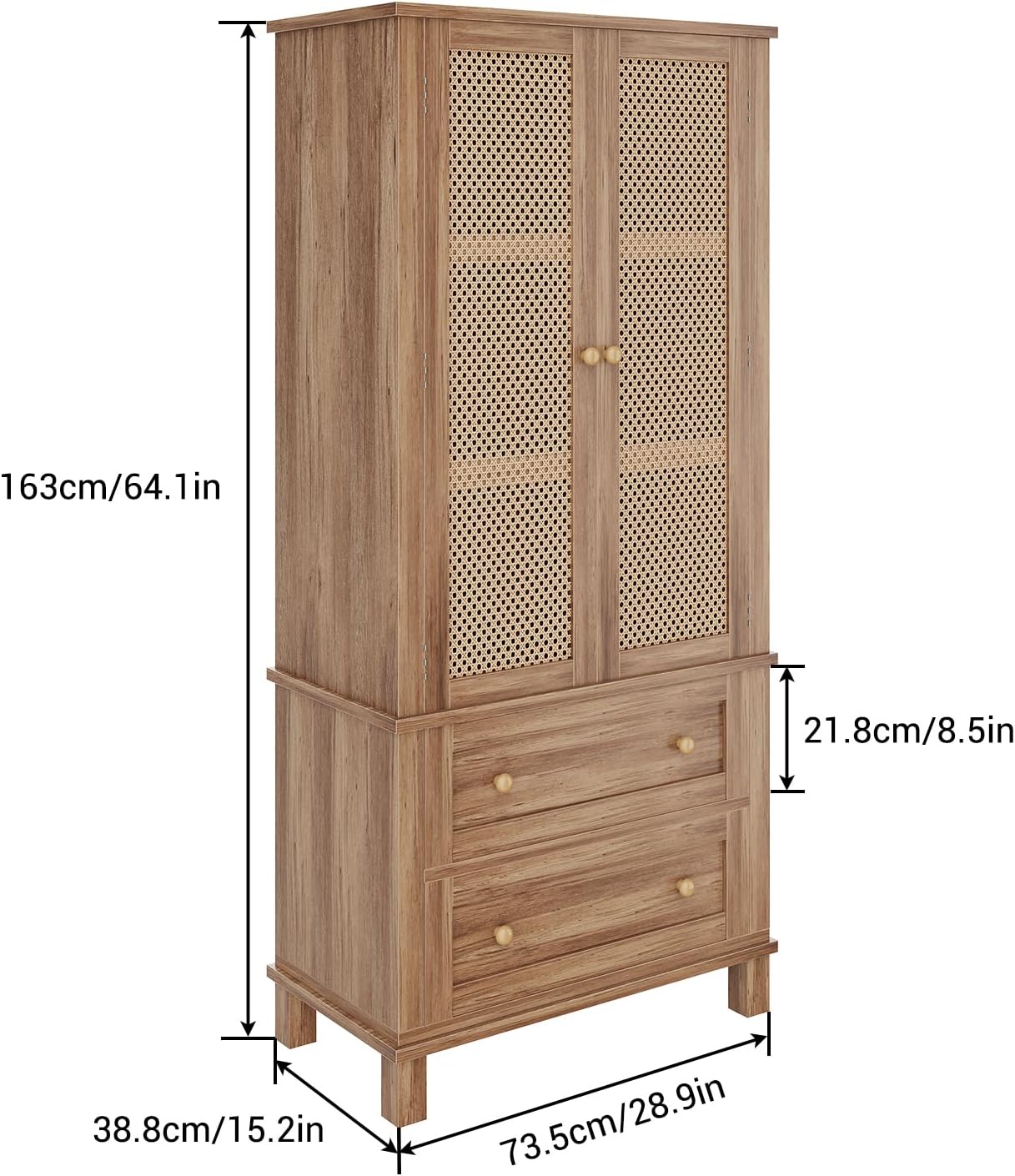 Kitchen Pantry Storage Cabinet, Kitchen Storage Cabinets with Rattan Doors and 2 Drawers, Pantry Cabinet with Adjustable Shelf, Adjustable Shelves for Dining Living Room