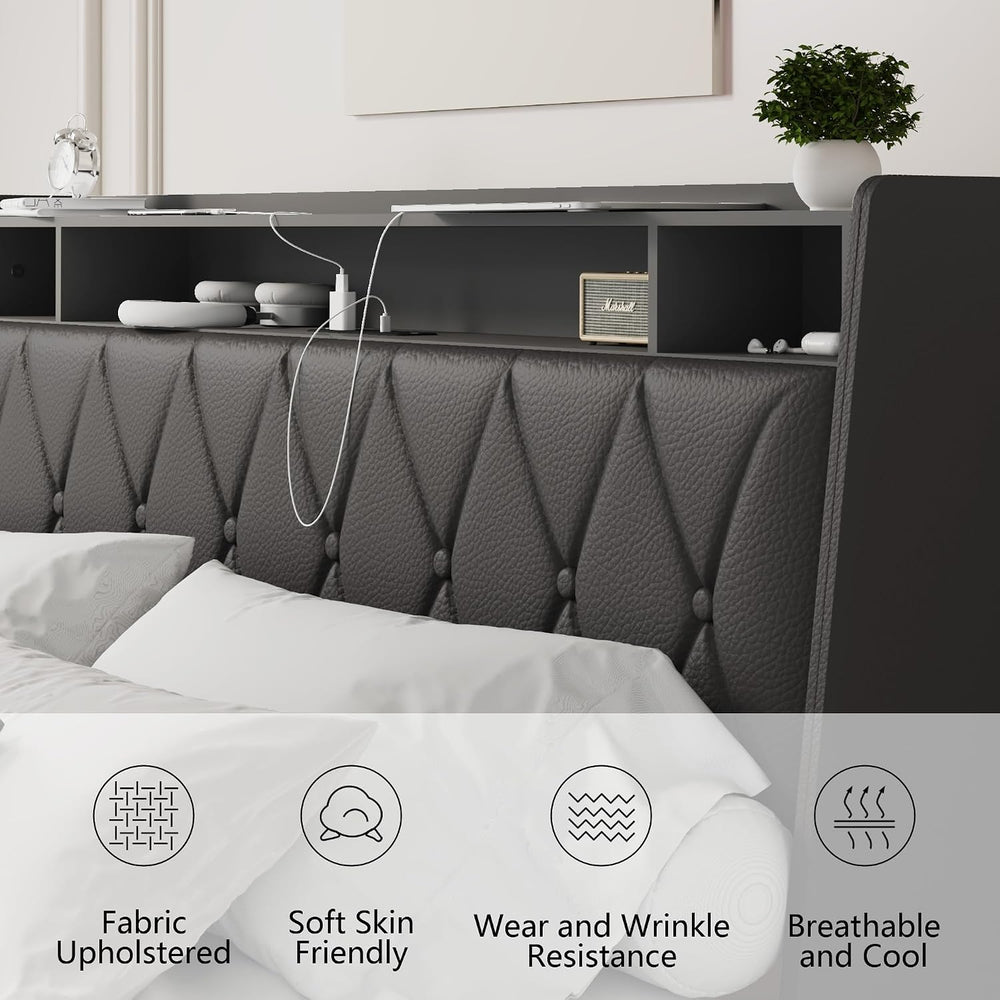 Peanu Queen Bed Frame, Ergonomic Headboard, Built in Charger Black