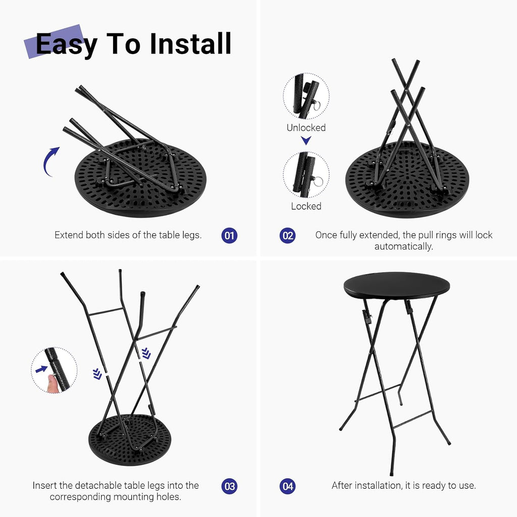 Byliable 24in Round Folding Cocktail Table, Plastic Bar Height Table, Black | Portable Foldable Design with Removable Legs, Two Folding Methods, HDPE Tabletop, Indoor Outdoor for Parties, Patio, Events