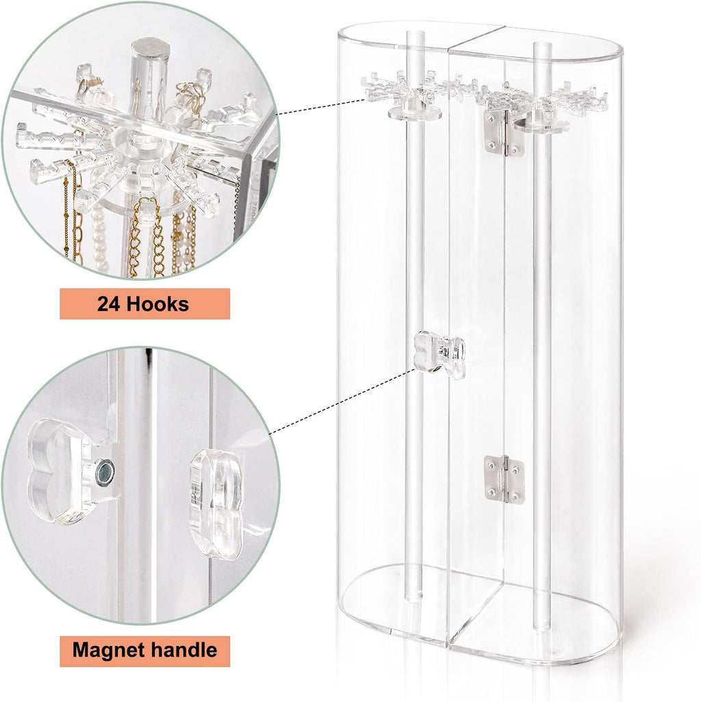 Acrylic Necklace Holder, Clear Necklace Organizer with 24 Hooks, Dustproof Rotation Jewelry Storage Holder Stand, Long Necklaces Pendant Bracelets Display Case for Dresser Bathroom Vanity Countertop