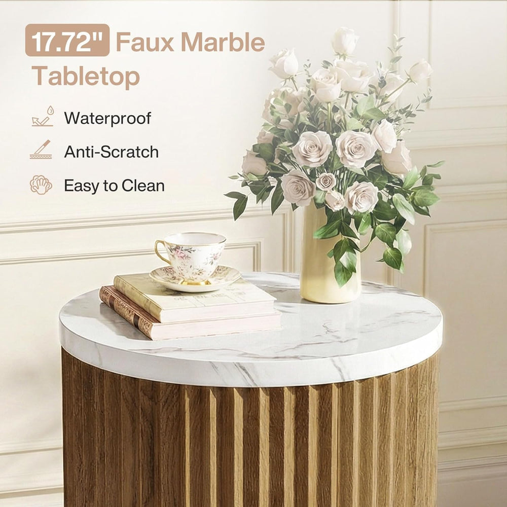 23.6-inch Round Side Table with Faux Marble Top, Drum Shape & Fluted Base...