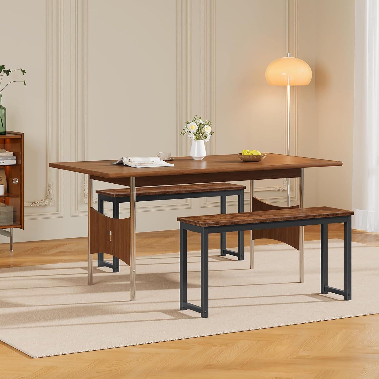 HOOBRO Dining Benches, Pair of 2 Industrial Style Indoor Benches, Durable Metal Frame, for Kitchen, Dining Room, Living Room, Rustic Brown BF01CD01