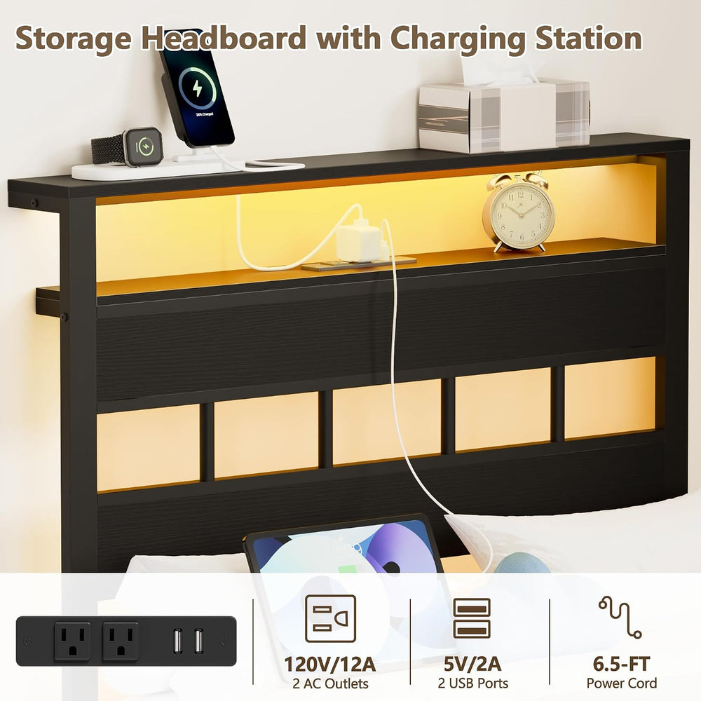 Twin Bed Frames with Charging Station and LED Lights, Black Oak