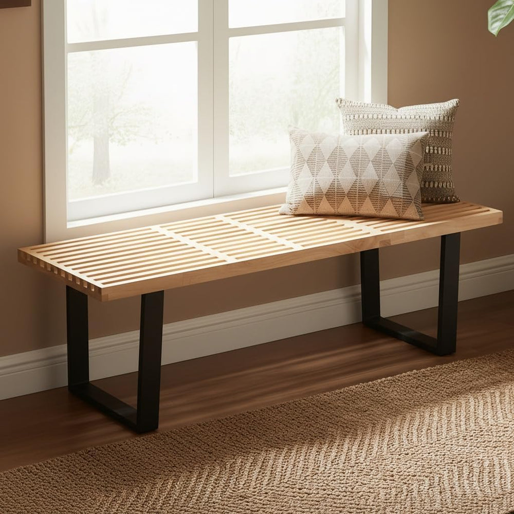 55" Natural Wood Entryway Bench, Industrial End of Bed Bench for Bedroom...
