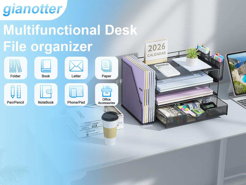gianotter Desk Organizers and Accessories with File Holder, 4-Tier Desk Accessories & Workspace Organizers with Drawer and 2 Pen Holder, Paper Organizer for Office Supplies (Black)