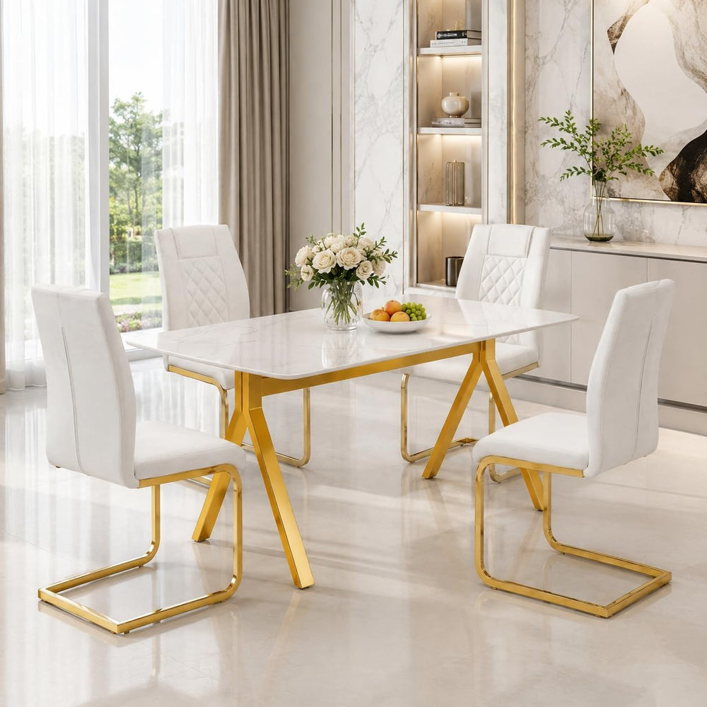 51.2 Inch Faux Marble Dining Table,Rectangular Glass Dining Table for 4-6,Whi...