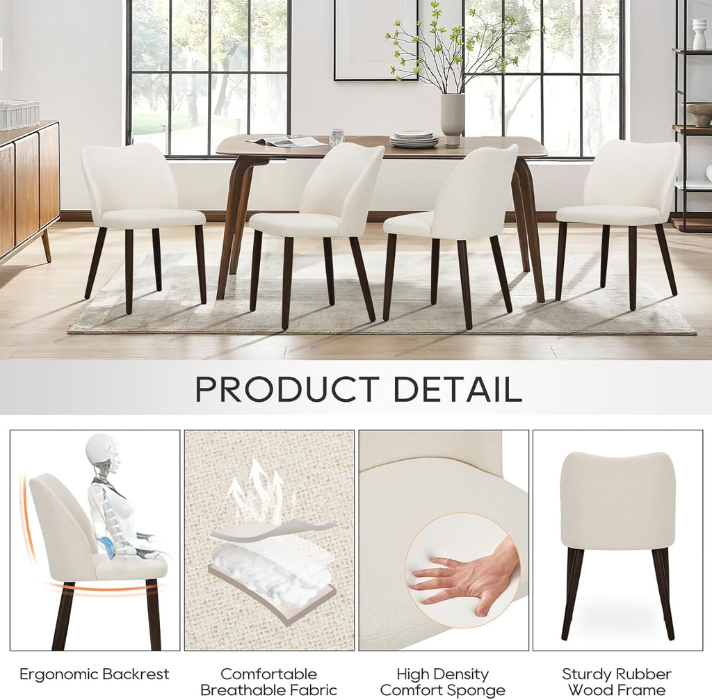 COLAMY Dining Chairs Set of 4, Upholstered Fabric Kitchen Chairs with Curved Back, Padded Seat and Solid Wood Legs, Modern Dining Chair for Kitchen Dining Room, Beige