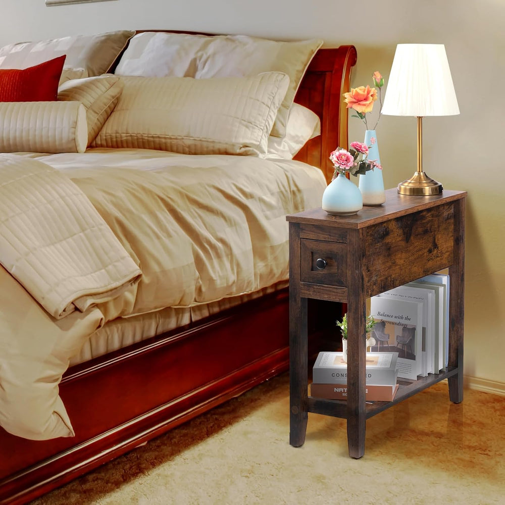 Brown Chairside Narrow End Table, Solid Wood Recliner Side Table with Drawer,...