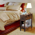 Brown Chairside Narrow End Table, Solid Wood Recliner Side Table with Drawer, Slim Nightstand Bedside Table for Living Room Bedroom