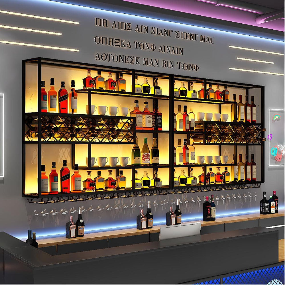 118IN Large Wall Mounted Wine Rack with LED Light, Metal Floating Liquor Bott...
