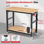 Workbench with Wheels 48 Inch Adjustable Height Work Table with Under Table Shelf, Pegboard, Power Outlets Work Bench for Garage, Home, Office, Workshop
