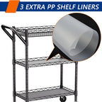 3 Tier Heavy Duty Rolling Utility Cart,18" D x 23.8" W x 36.6" H Rolling Carts with Wheels,Commercial Grade Metal with Handle Bar & Shelf Liner,Trolley Serving Storage Cart for Kitchen Black
