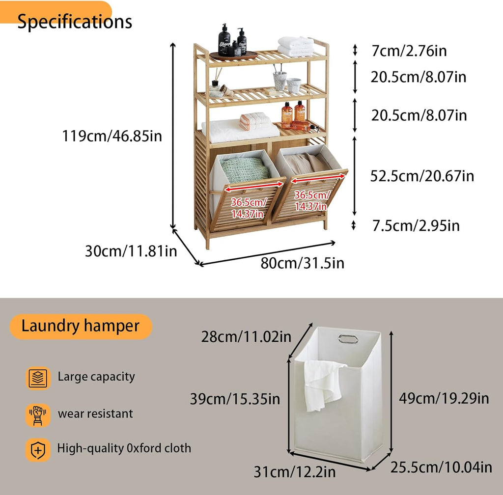 Double Tilt Out Laundry Hamper, Bamboo Hamper with 2 Removable Bags, Pull Out Laundry Hamper Cabinet, Bathroom Storage Shelf for Laundry Room, Living Room, Bedroom (3-Tier, Natural)