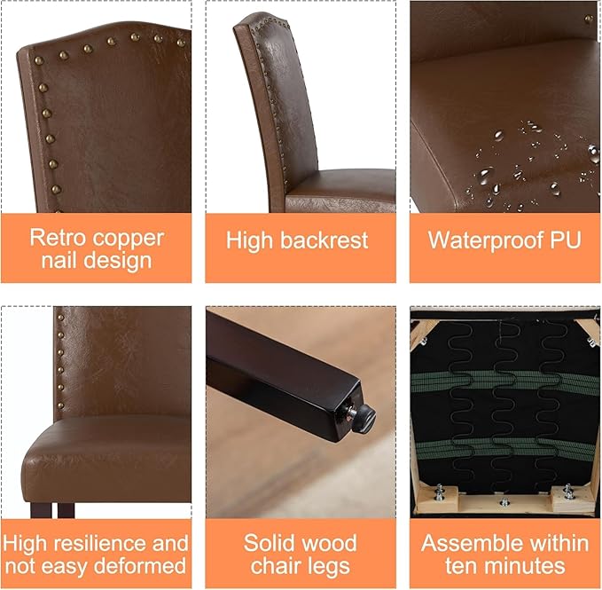 LSSBOUGHT PU Dining Chair Upholstered Parsons Kitchen Chair with Copper Nails and Solid Wood Legs for Dining Room,Restaurant (Brown, 4PCS)