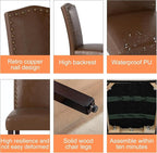 LSSBOUGHT PU Dining Chair Upholstered Parsons Kitchen Chair with Copper Nails and Solid Wood Legs for Dining Room,Restaurant (Brown, 4PCS)