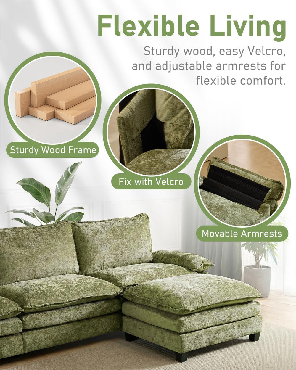 Karl home 122" 3-Seat L-Shaped Sectional Couch, Green | Movable Ottoman,...