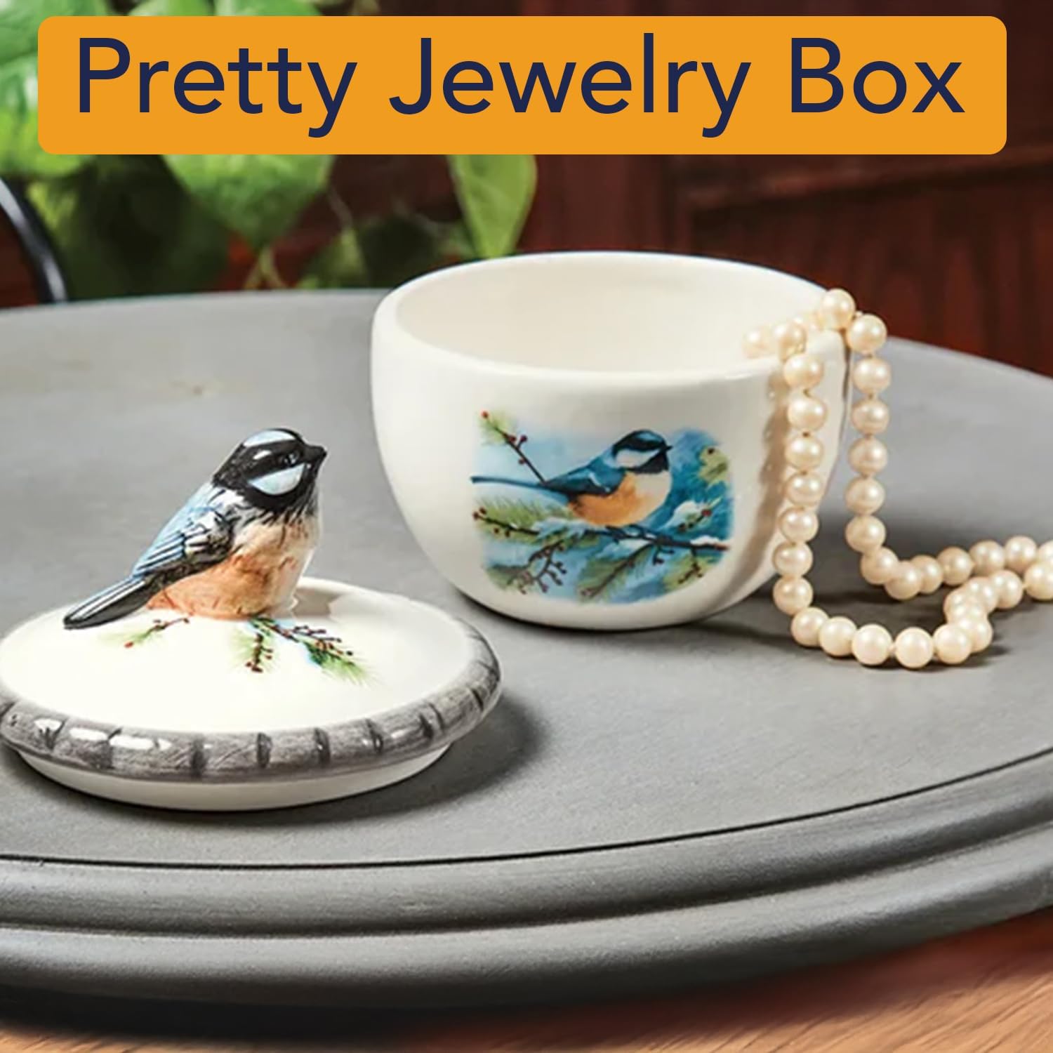 Bits and Pieces Chickadee Jewelry Box for Women Small Trinket Box with Bird Figurine Lid - Decorative Boxes for Home Decor