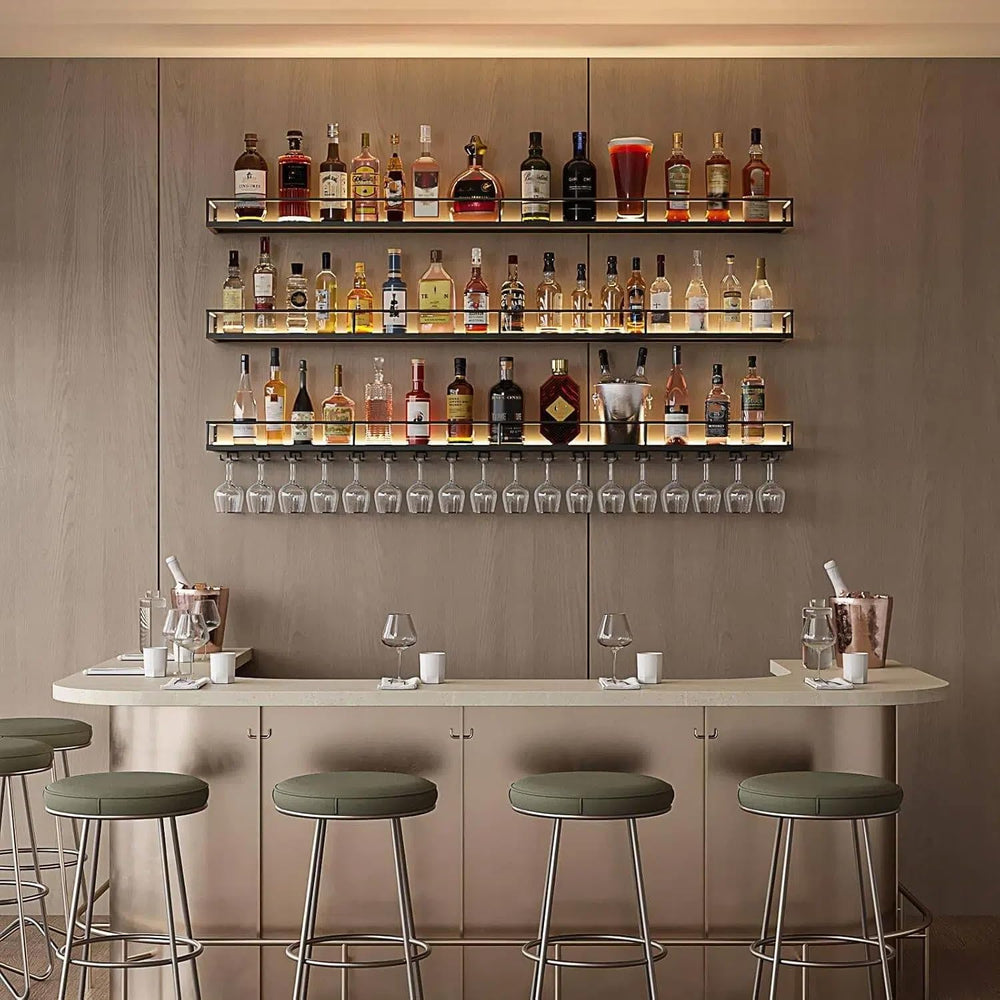 55.1" Wall Mounted Wine Rack with Lights, 3-Tier Floating Bar Shelf | Ho...
